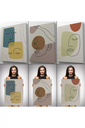 3’lü Tablo Minimal Şekiller Ve Çizgi Sanat Yüzleri Soyut Sanat Tablo Seti-ap-16