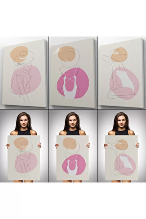 3’lü Tablo Zarif Kadınlar Çizgi Sanat Tarzında Dekoratif Tablo Seti-ar-17