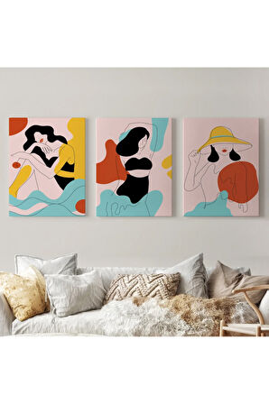3’lü Tablo Renkli Zarif Kadınlar Çizgi Sanat Tarzında Dekoratif Tablo Seti-as-18