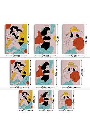 3’lü Tablo Renkli Zarif Kadınlar Çizgi Sanat Tarzında Dekoratif Tablo Seti-as-18