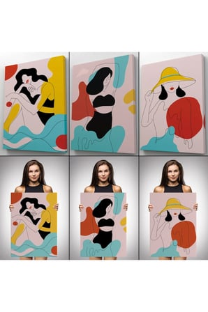 3’lü Tablo Renkli Zarif Kadınlar Çizgi Sanat Tarzında Dekoratif Tablo Seti-as-18