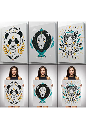 3’lü Tablo Hayvan Temalı Koleksiyon Dekoratif Şık Ve Modern Duvar Tablo Seti-au-21