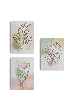 3’lü Tablo Suluboya Bitki Şekilleri Dekoratif Şık Ve Modern Duvar Tablo Seti-bd-29