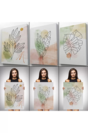 3’lü Tablo Suluboya Bitki Şekilleri Dekoratif Şık Ve Modern Duvar Tablo Seti-bd-29