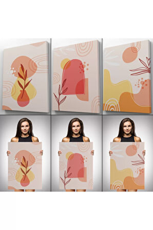 3’lü Tablo Minimal Şekiller Ve Bitkiler Dekoratif Şık Ve Modern Duvar Tablo Seti-bf-31