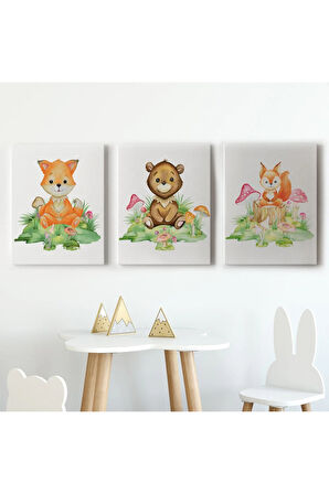 3’lü Tablo Sevimli Hayvanlar Temalı Dekoratif Şık Ve Modern Duvar Tablo Seti-bh-33