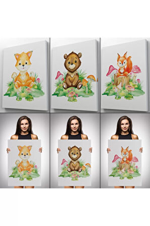 3’lü Tablo Sevimli Hayvanlar Temalı Dekoratif Şık Ve Modern Duvar Tablo Seti-bh-33