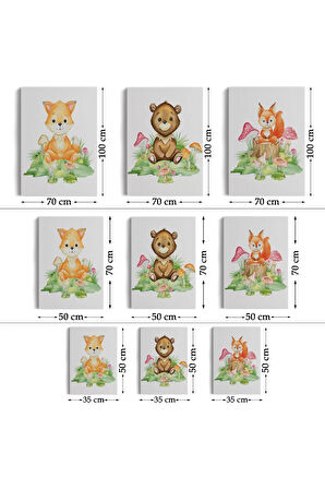 3’lü Tablo Sevimli Hayvanlar Temalı Dekoratif Şık Ve Modern Duvar Tablo Seti-bh-33