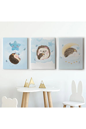 3’lü Tablo Şirin Kirpi Temalı Dekoratif Duvar Tablo Seti-bı-34