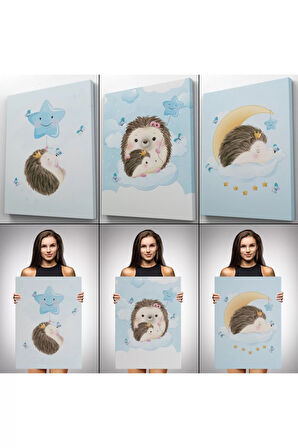 3’lü Tablo Şirin Kirpi Temalı Dekoratif Duvar Tablo Seti-bı-34