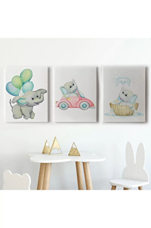 3’lü Tablo Sevimli Küçük Fil Temalı Dekoratif Duvar Tablo Seti-bk-36