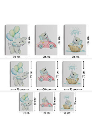 3’lü Tablo Sevimli Küçük Fil Temalı Dekoratif Duvar Tablo Seti-bk-36