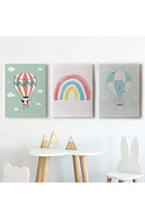 3’lü Tablo Balonla Uçan Sevimli Hayvanlar Temalı Dekoratif Duvar Tablo Seti-bp-41