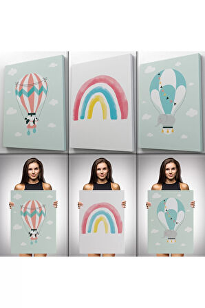 3’lü Tablo Balonla Uçan Sevimli Hayvanlar Temalı Dekoratif Duvar Tablo Seti-bp-41