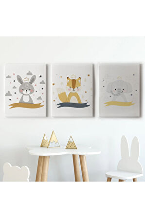 3’lü Tablo Sevimli Hayvanlar Temalı Koleksiyon Dekoratif Duvar Tablo Seti-br-42