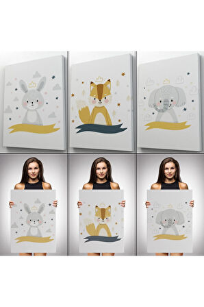 3’lü Tablo Sevimli Hayvanlar Temalı Koleksiyon Dekoratif Duvar Tablo Seti-br-42