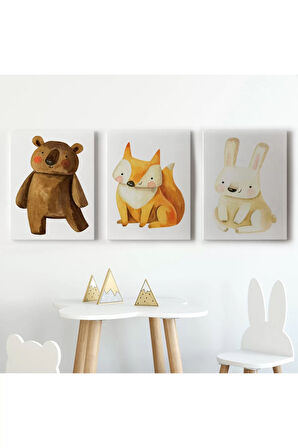 3’lü Tablo Sevimli Hayvanlar Temalı Koleksiyon Dekoratif Duvar Tablo Seti-bs-43