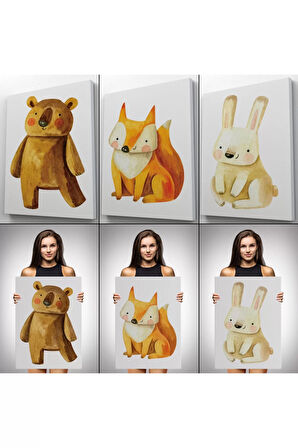 3’lü Tablo Sevimli Hayvanlar Temalı Koleksiyon Dekoratif Duvar Tablo Seti-bs-43