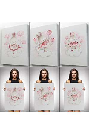 3’lü Tablo Sevimli Tavşan Dekoratif Duvar Tablo Seti-bş-44