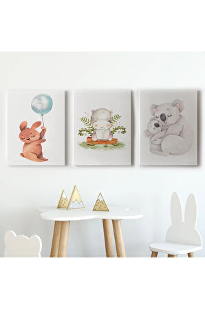 3’lü Tablo Sevimli Üç Hayvan Koleksiyonu Dekoratif Duvar Tablo Seti-bt-45