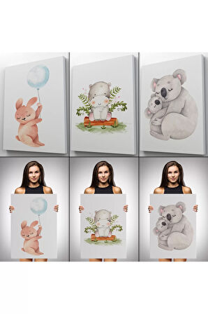 3’lü Tablo Sevimli Üç Hayvan Koleksiyonu Dekoratif Duvar Tablo Seti-bt-45