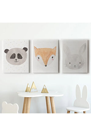 3’lü Tablo Sevimli Hayvanlar Suluboya Görünümlü Dekoratif Tablo Seti-bü-47