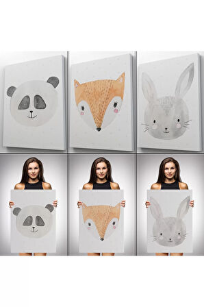 3’lü Tablo Sevimli Hayvanlar Suluboya Görünümlü Dekoratif Tablo Seti-bü-47