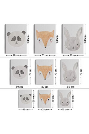 3’lü Tablo Sevimli Hayvanlar Suluboya Görünümlü Dekoratif Tablo Seti-bü-47
