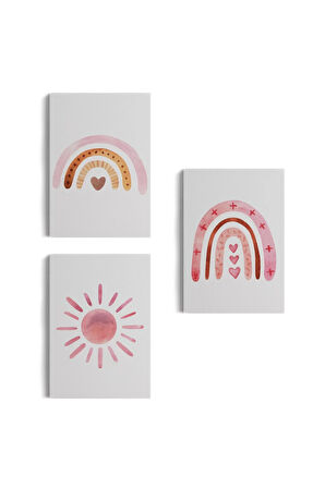 3’lü Tablo Yaz Temalı Suluboya Şekilleri Dekoratif Duvar Tablo Seti-by-49