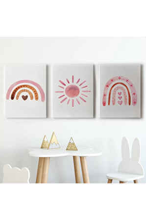 3’lü Tablo Yaz Temalı Suluboya Şekilleri Dekoratif Duvar Tablo Seti-by-49