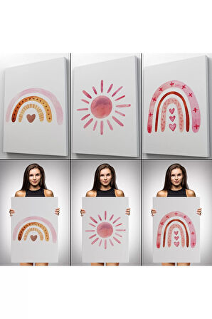 3’lü Tablo Yaz Temalı Suluboya Şekilleri Dekoratif Duvar Tablo Seti-by-49