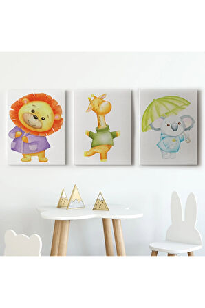 3’lü Tablo Şirin Hayvanlar Temalı Dekoratif Duvar Tablo Seti-cb-52