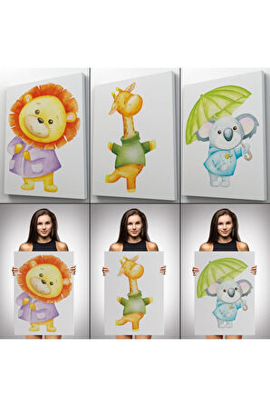 3’lü Tablo Şirin Hayvanlar Temalı Dekoratif Duvar Tablo Seti-cb-52