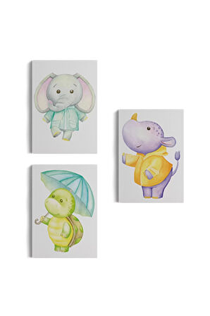 3’lü Tablo Sevimli Üç Hayvan Koleksiyonu Dekoratif Duvar Tablo Seti-cc-53
