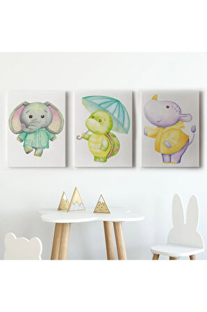 3’lü Tablo Sevimli Üç Hayvan Koleksiyonu Dekoratif Duvar Tablo Seti-cc-53