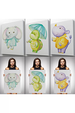 3’lü Tablo Sevimli Üç Hayvan Koleksiyonu Dekoratif Duvar Tablo Seti-cc-53