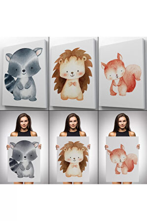 3’lü Tablo Sevimli Üç Hayvan Koleksiyonu Dekoratif Duvar Tablo Seti-cd-54