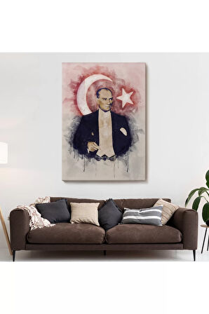 Mustafa Kemal Atatürk Ve Türk Bayrağı Suluboya Görünümlü Dekoratif Kanvas Tablo-cy-76
