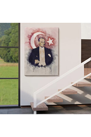 Mustafa Kemal Atatürk Ve Türk Bayrağı Suluboya Görünümlü Dekoratif Kanvas Tablo-cy-76