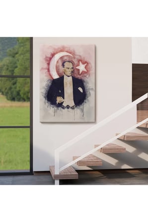 Mustafa Kemal Atatürk Ve Türk Bayrağı Suluboya Görünümlü Dekoratif Kanvas Tablo-cy-76