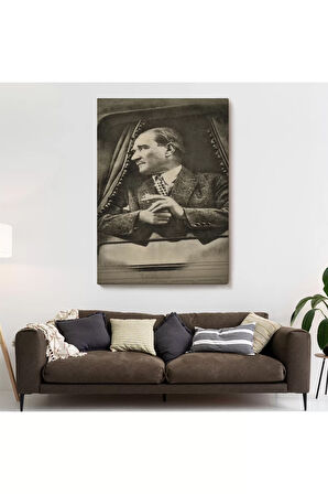 Mustafa Kemal Atatürk'ün Karakalem Görünümlü Portre Çizimi Dikdörtgen Dekoratif Kanvas Tablo-de-82