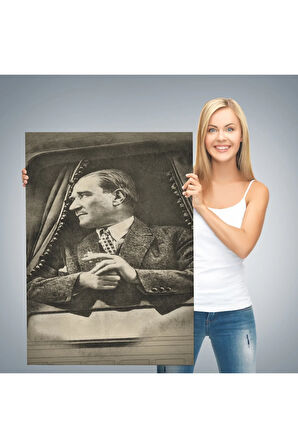 Mustafa Kemal Atatürk'ün Karakalem Görünümlü Portre Çizimi Dikdörtgen Dekoratif Kanvas Tablo-de-82