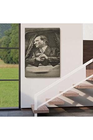 Mustafa Kemal Atatürk'ün Karakalem Görünümlü Portre Çizimi Dikdörtgen Dekoratif Kanvas Tablo-de-82