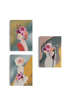 Renkli Çiçekli Kadınlar Dekoratif Duvar Tablosu Üçlü Set-dj-87