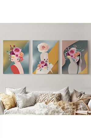 Renkli Çiçekli Kadınlar Dekoratif Duvar Tablosu Üçlü Set-dj-87