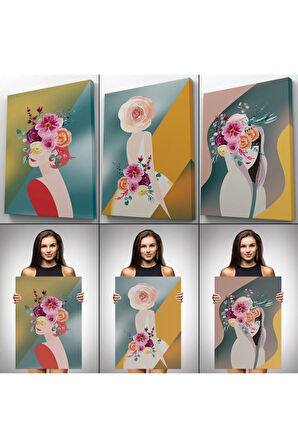 Renkli Çiçekli Kadınlar Dekoratif Duvar Tablosu Üçlü Set-dj-87