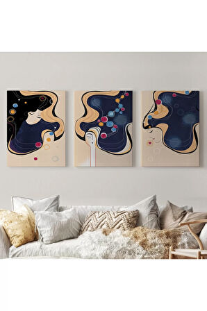 Mavi Ağırlıklı  Zarif Kadınlar Duvar Tablosu Üçlü Set-dk-88