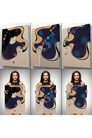 Mavi Ağırlıklı  Zarif Kadınlar Duvar Tablosu Üçlü Set-dk-88