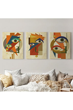 Sürreal Soyut Yüzler Dekoratif Duvar Tablosu Üçlü Set-dn-90