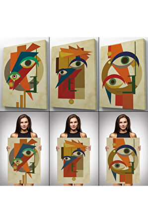 Sürreal Soyut Yüzler Dekoratif Duvar Tablosu Üçlü Set-dn-90